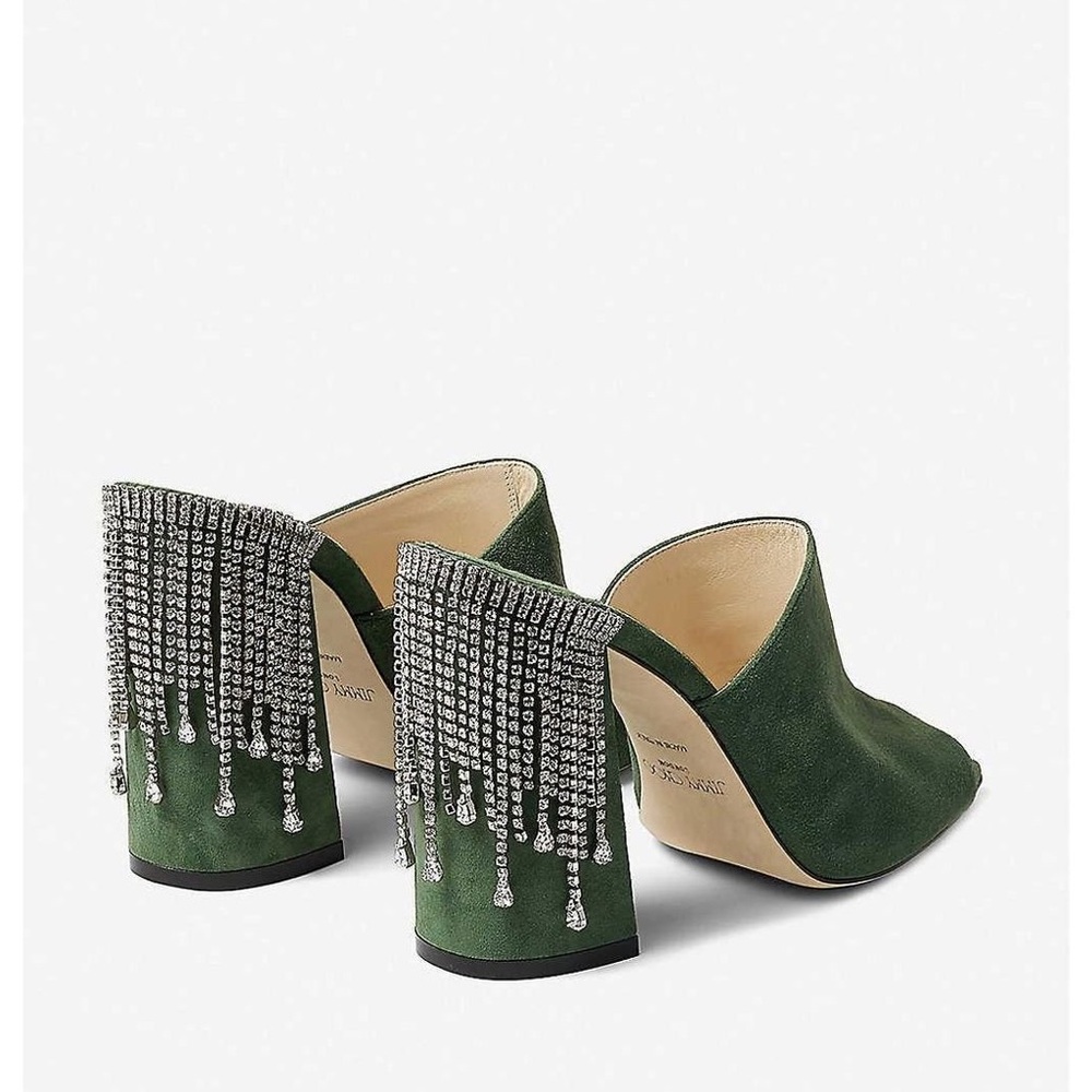 New Jimmy Choo Green Baia 100 Crystal-embellished Suede Heeled Mules 40.